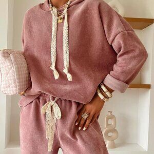 B341 Rose Tan Lace Drawstring Pullover Hoodie and High Waist Pants Corduroy Suit